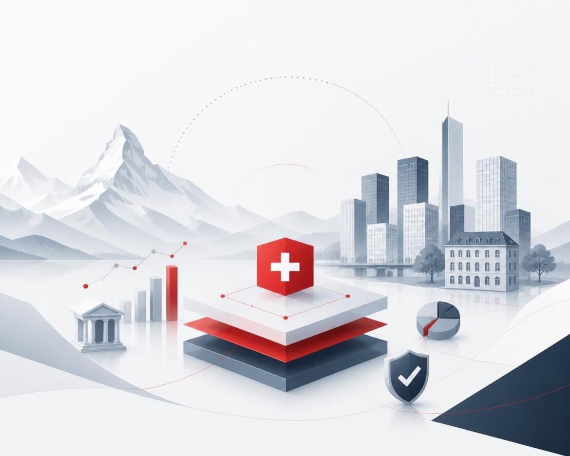Paysage suisse avec drapeau symbolisant l’ancrage suisse d’une holding